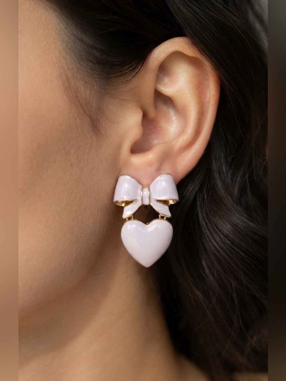 Heart Bow Pink Large Dangling Earrings